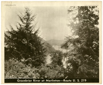 A bird's eye view looking down over the Greenbrier River toward Marlinton, W. Va.