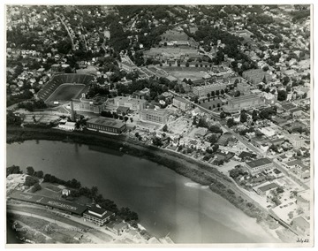 A view of the WVU campus in 1952. Note Eiesland Hall under construction. 