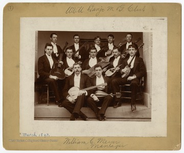 Text on the back reads:"Rear Row: Del. Kincaid, Claude Gore, W. W. D. Rogers, Ed Boyd, Harry DuncanMiddle Row: Ed Hartman, unknown, Ed Mayer, ? Willis, Sam BoydFront Row: Dick Hayes, Fred Marshall - DirectorWilliam C. Meyer, Manager"They are posing on the steps of Commencement Hall.