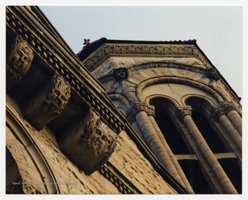 A close-up of the detailed stonework on Stewart Hall.