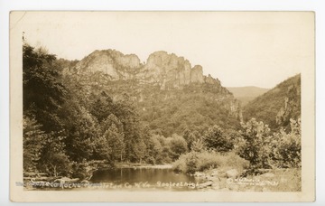 Text reads, "Seneca Rocks, Pendleton Co., W. Va. 900 ft. high"