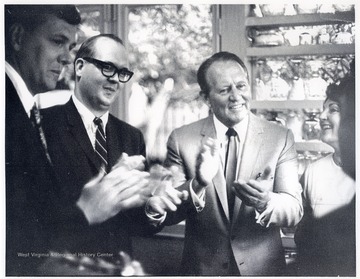 Left to Right:  Rod Hundley, Rene Henry, and the Linkletters couple at a wine tasting event at the home of Vincent Prince.