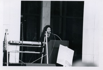 Barb Shamberger giving a speech at the Block Bork protest.