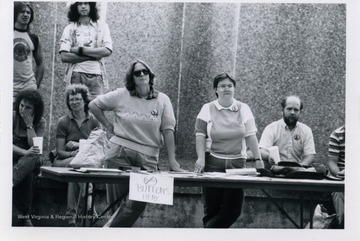 Mary Ellen Griffith controlling a stand at the Block Bork protest.