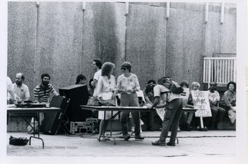 Joyce Heshbeiger and Cindy O' Brien controlling a stand at the Block Bork protest.