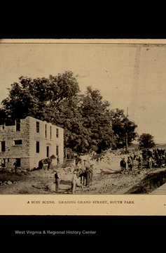 Grading Grand Street in front of unfinished Frazer house.