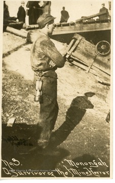 A survivor looking toward the remains of the Monongah Mines.