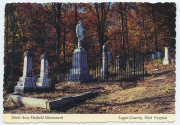 A postcard of the "Devil Anse" Hatfield cemetery monument.