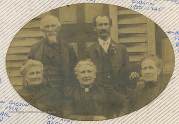 Front row, left to right: Abigail (Jenkins) Gibson, Alcinda (Jenkins) Forman (1846-1925), Laura Olive Gibson (1868-1950).Back row, left to right: Waitman Gibson (1837-1919) (Son of Zaccheus and Nancy (Clark) Gibson), Mathias Forman (Alcinda's husband). 